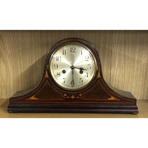 386 - Antique mahogany inlaid 3 key hole mantle clock in need of restoration or repair