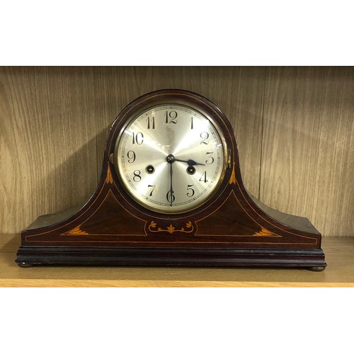 386 - Antique mahogany inlaid 3 key hole mantle clock in need of restoration or repair