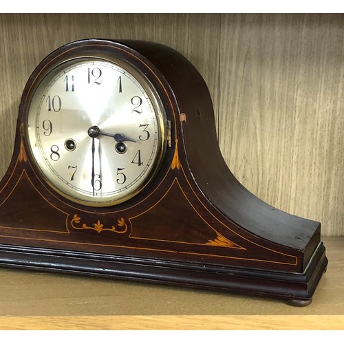 386 - Antique mahogany inlaid 3 key hole mantle clock in need of restoration or repair