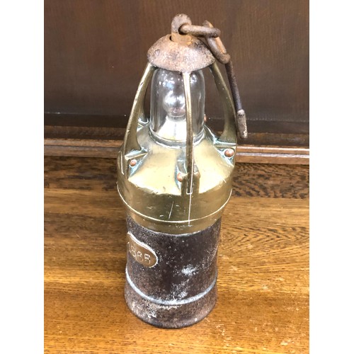 400 - Antique Miner's brass safety lamp early electric lantern original glass bulb measures approx please ... 