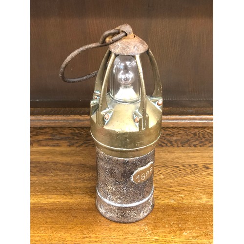 400 - Antique Miner's brass safety lamp early electric lantern original glass bulb measures approx please ... 