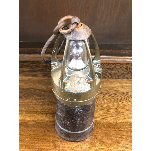 400 - Antique Miner's brass safety lamp early electric lantern original glass bulb measures approx please ... 