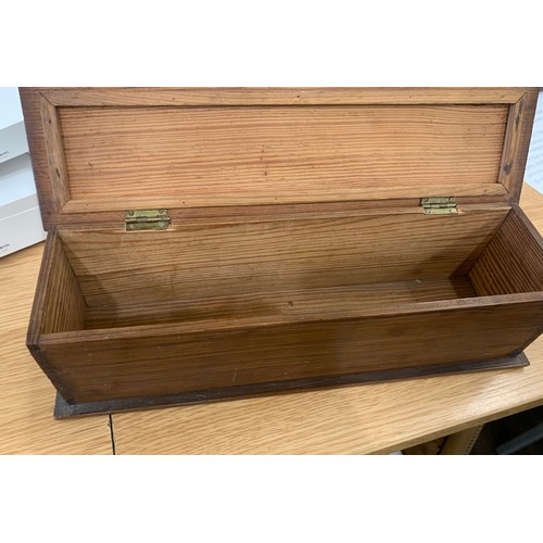 96 - Small pine hinge lidded box, pen box approximate measurements:  Length 13 inches, height 3.5 inches