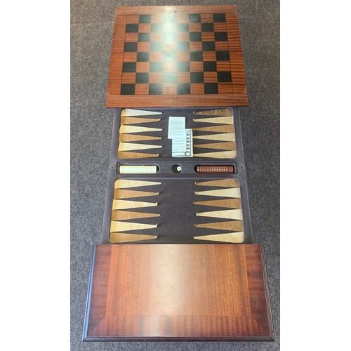 434 - Mahogany games coffee table, to inc backgammon, dominoes, chess, draughts etc