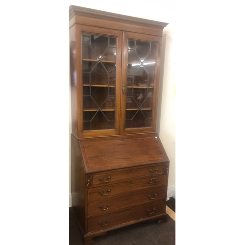 426 - Edwardian inlaid bureau bookcase, overall good condition, approximate measurements: Height: 82 inche... 