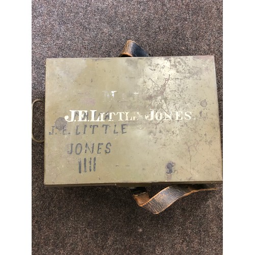 360 - WWII 1941 military metal tin/ small trunk, to Major J E Little Jones with original leather strap, ap... 