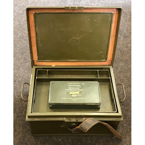 360 - WWII 1941 military metal tin/ small trunk, to Major J E Little Jones with original leather strap, ap... 