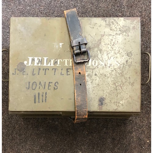 360 - WWII 1941 military metal tin/ small trunk, to Major J E Little Jones with original leather strap, ap... 