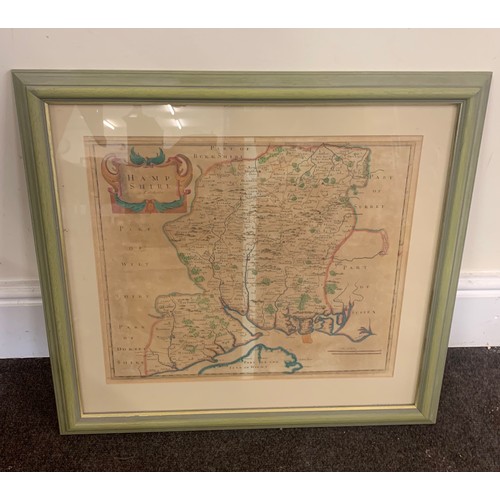 405 - Antique map of Hampshire by Robt Morden, later framed map excluding frame measures approximately 44c... 