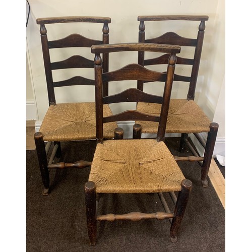 432 - 3 Period oak and straw ladder back chairs, overall good  antique condition