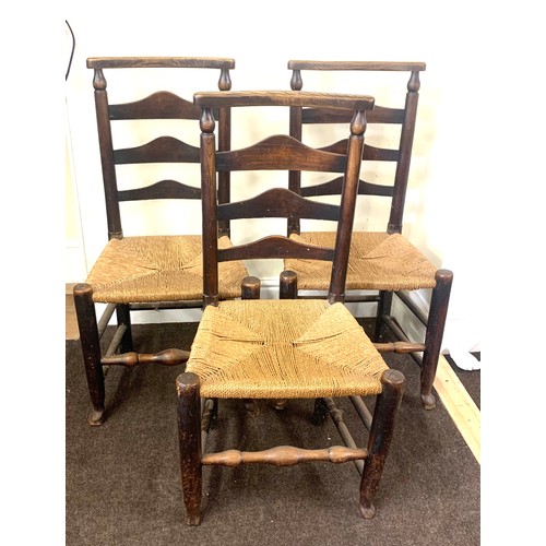 432 - 3 Period oak and straw ladder back chairs, overall good  antique condition