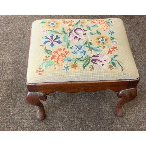 433 - Queen ann antique stool with embroidered tapestry top