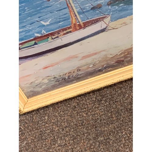 104 - Framed picture/ print signed Donald Greig, depicting boats at a harbor, Measures approx 20