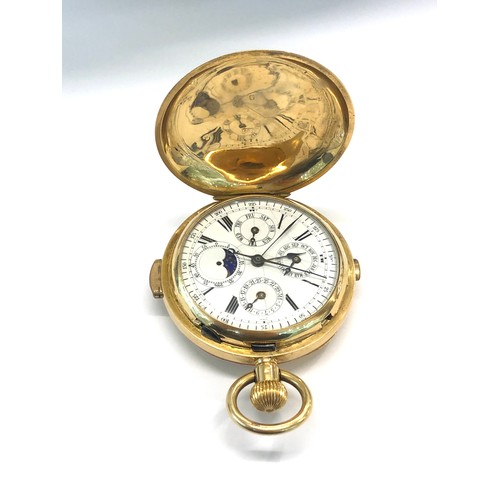 305 - Antique 18ct gold quarter repeating antique full calendar & Moon phase pocket watch in working orger... 