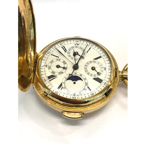 305 - Antique 18ct gold quarter repeating antique full calendar & Moon phase pocket watch in working orger... 