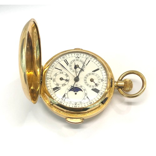 305 - Antique 18ct gold quarter repeating antique full calendar & Moon phase pocket watch in working orger... 