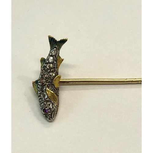 232 - Fine Antique diamond and enamel fish stick pin boxed the fish measures approx 20mm wide the pin 65mm... 