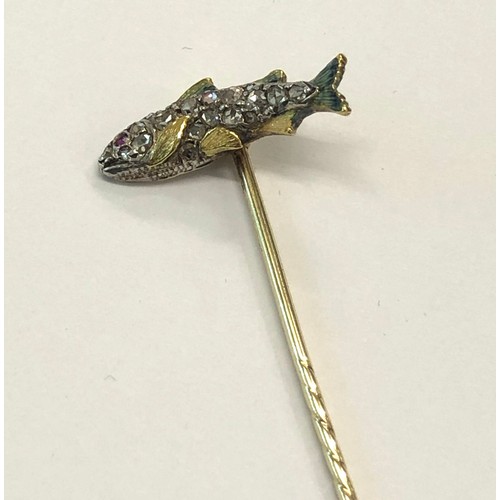 232 - Fine Antique diamond and enamel fish stick pin boxed the fish measures approx 20mm wide the pin 65mm... 