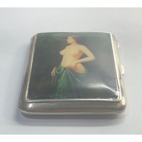 164 - Nude enamel type silver cigarette case hallmarked sterling measures approx 6.8cm by 5.3cm please see... 