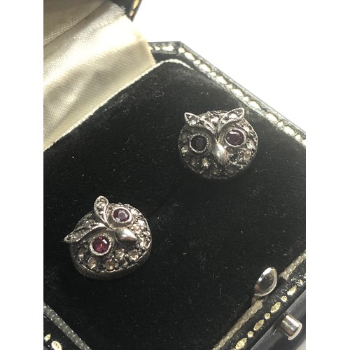 248 - Pair of rose diamond ruby eye owl earrings gold back silver front each measures approx 11cm dia plea... 