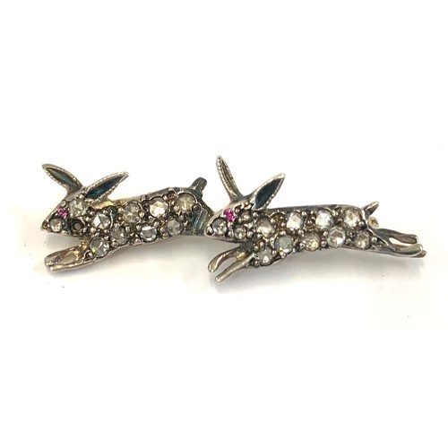 252 - rose diamond rabbit brooch 2 rabets set with old cut rose diamonds with ruby eyes set in silver with... 