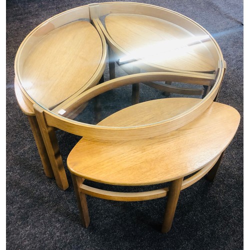 437 - Mid Century Nathan Trinity round glass retro teak coffee table nest of tables