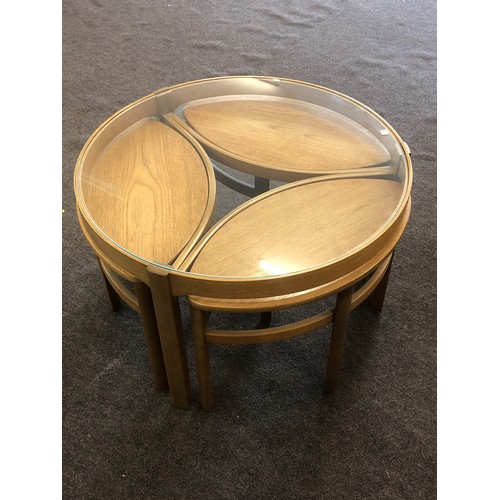 437 - Mid Century Nathan Trinity round glass retro teak coffee table nest of tables