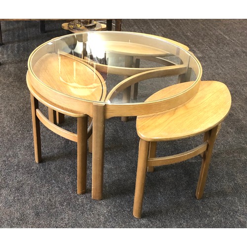 437 - Mid Century Nathan Trinity round glass retro teak coffee table nest of tables