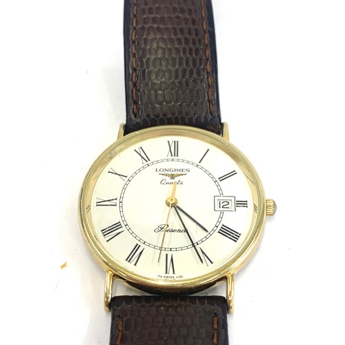 314 - Vintage 9ct gold Longines quartz gents watch, non working