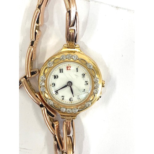 352 - Antique 18ct diamond bezel ladies wristwatch with 9ct expanding bracelet, missing winder, total appr... 