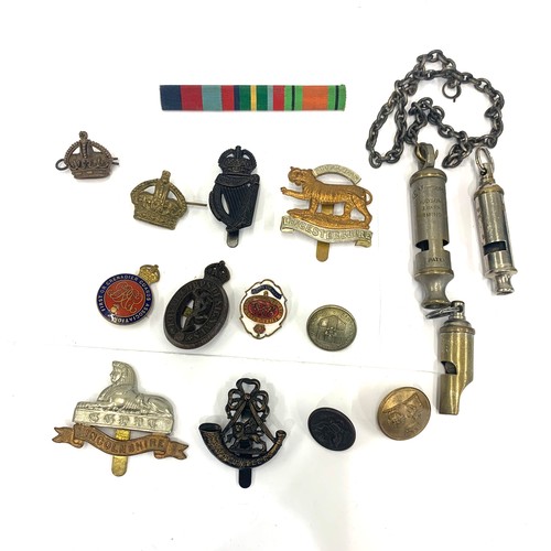 364 - Collection military badges, includes 3 whistles, buttons etc, please see images