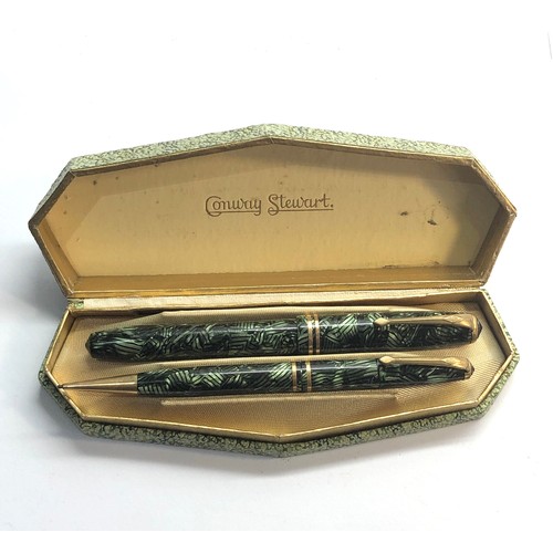 434 - Vintage 14ct gold nib Conway Stewart 24 green marbled fountain pen and pencil set in box please see ... 