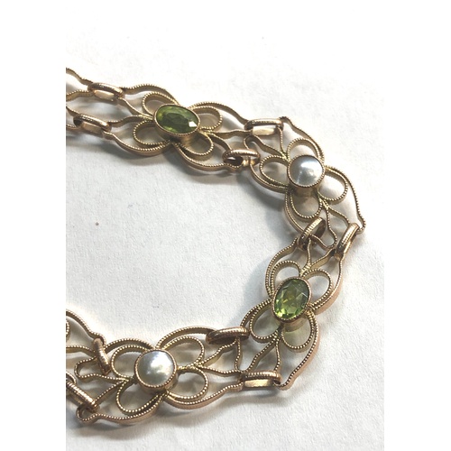 420 - Fine murrle bennett 9ct gold peridot and pearl bracelet measures approx 20cmlong by 10mm wide in goo... 