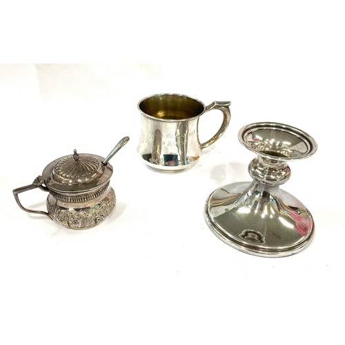 71 - 3 vinatge silver items includes mustard with spoon candle stick and silver mug please see images for... 