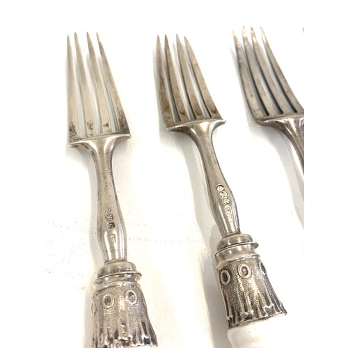 101 - Set 6 George III forks, dated 1818 with contemporary porcelain handles