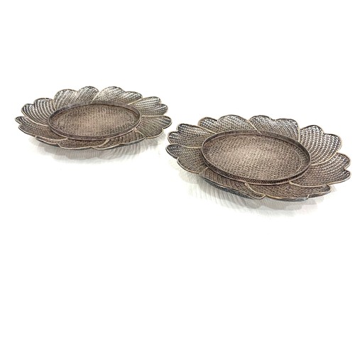 112 - Pair of silver chained filigree dishes, approximate measurement of each: 11cm diameter, Approximate ... 