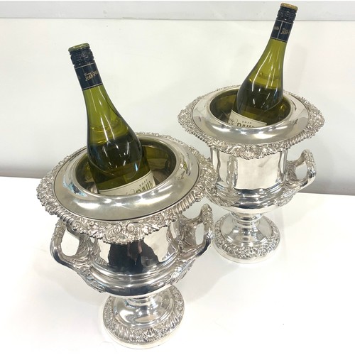 129 - Pair of solid silver crested wine coolers, crest to front, early Victorian hallmarked Sheffield 1838... 