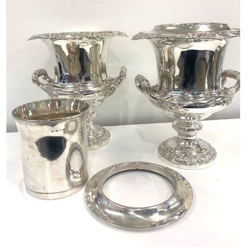 129 - Pair of solid silver crested wine coolers, crest to front, early Victorian hallmarked Sheffield 1838... 