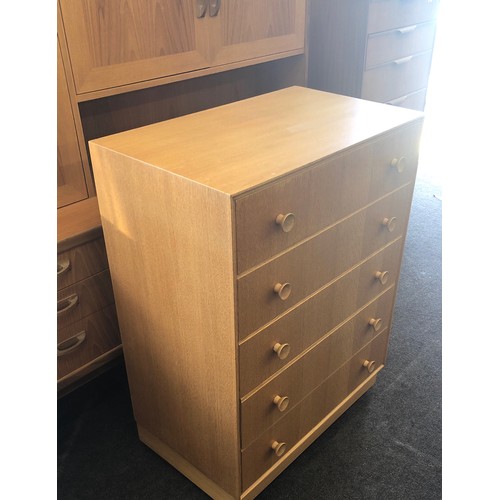 421 - Retro light oak five draw chest of draws, measures approx width 30