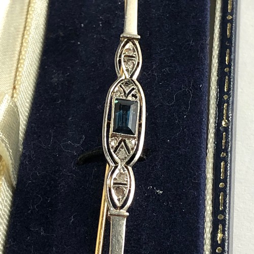 144 - Art deco 18ct gold diamond and sapphire brooch measures approx 63mm wide weight 3.5g please see imag... 