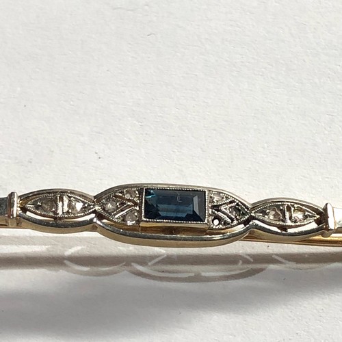 144 - Art deco 18ct gold diamond and sapphire brooch measures approx 63mm wide weight 3.5g please see imag... 