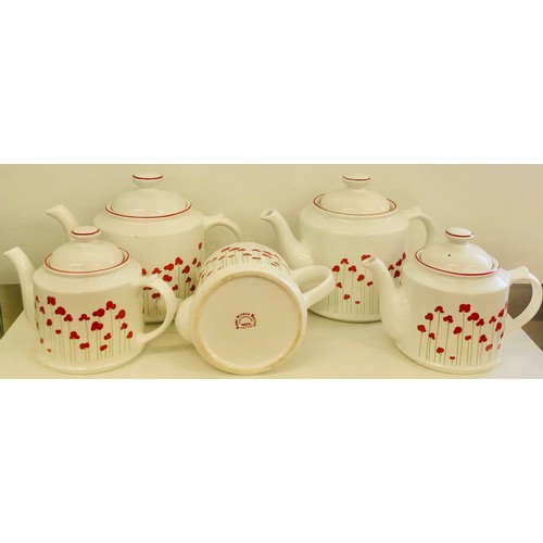 47 - Selection 5 Wade poppy design teapots, 2 large, 3 small, overall good condition