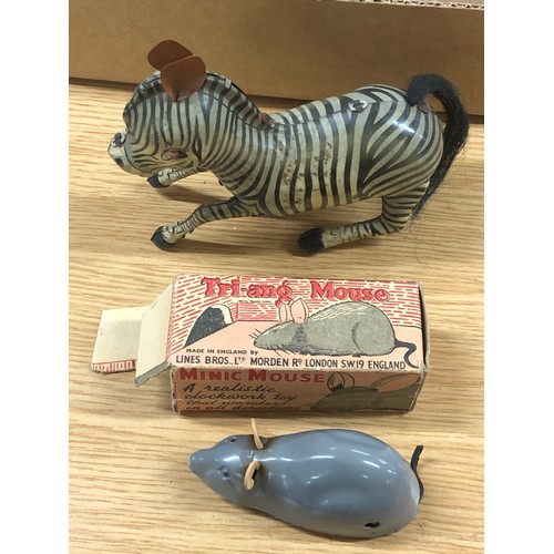 12 - Vintage tinplate zebra toy with boxed minic clockwork mouse ,boxed touring car game