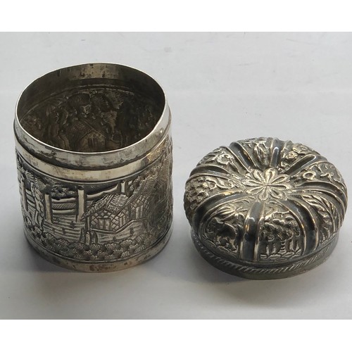 25 - Asian / indian silver embossed lidded box measure approx 8cm hight weight 103g