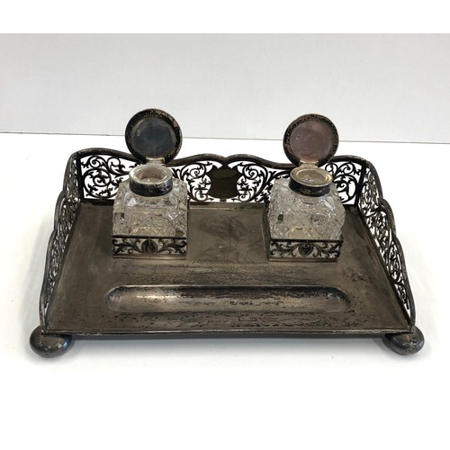 22 - Large antique silver desk ink well complete with glass bottles pierced gallery measures approx 25cm ... 