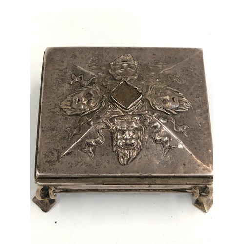 38 - Unusual embossed silver box wood lined  hallmarks worn missing stone that was set in lid measures ap... 