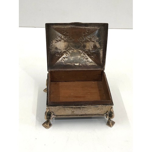 38 - Unusual embossed silver box wood lined  hallmarks worn missing stone that was set in lid measures ap... 