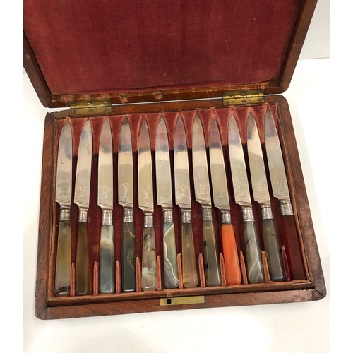 60 - Rare set of 12 boxed Georgian silver blade and agate handle knives and forks crest to blade of knife... 