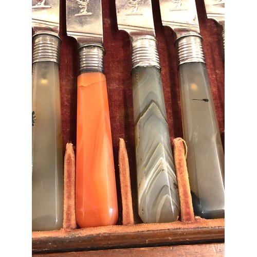 60 - Rare set of 12 boxed Georgian silver blade and agate handle knives and forks crest to blade of knife... 