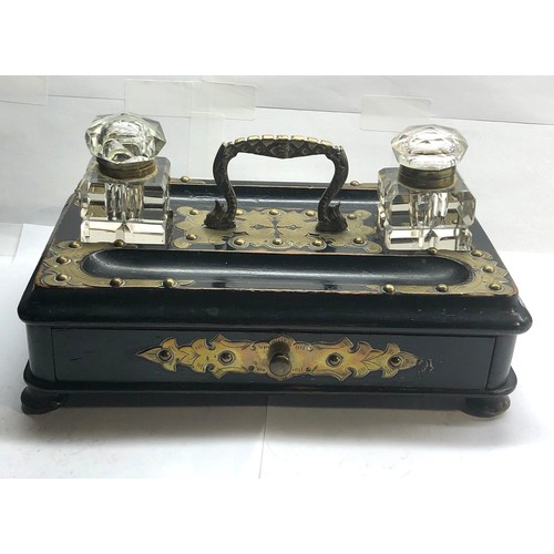 427 - Antique brass bound inkwell stand and inkwells single draw cut glass inkwells measures approx 28cm b... 